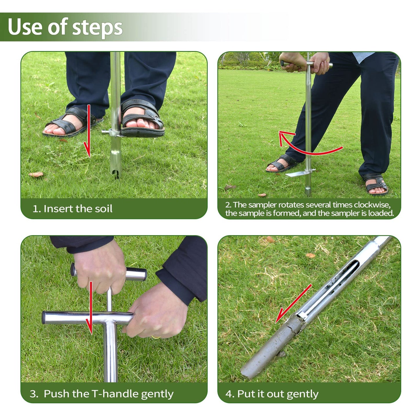 Soil Probe 40 Inch with 2 Bags, Soil Sample Probe with Ejector for Lawn House Plants, T-Handle Soil Sampler Probe Rod with Pedal, Stainless Steel Soil Test Kits Tool for Soil Sampling
