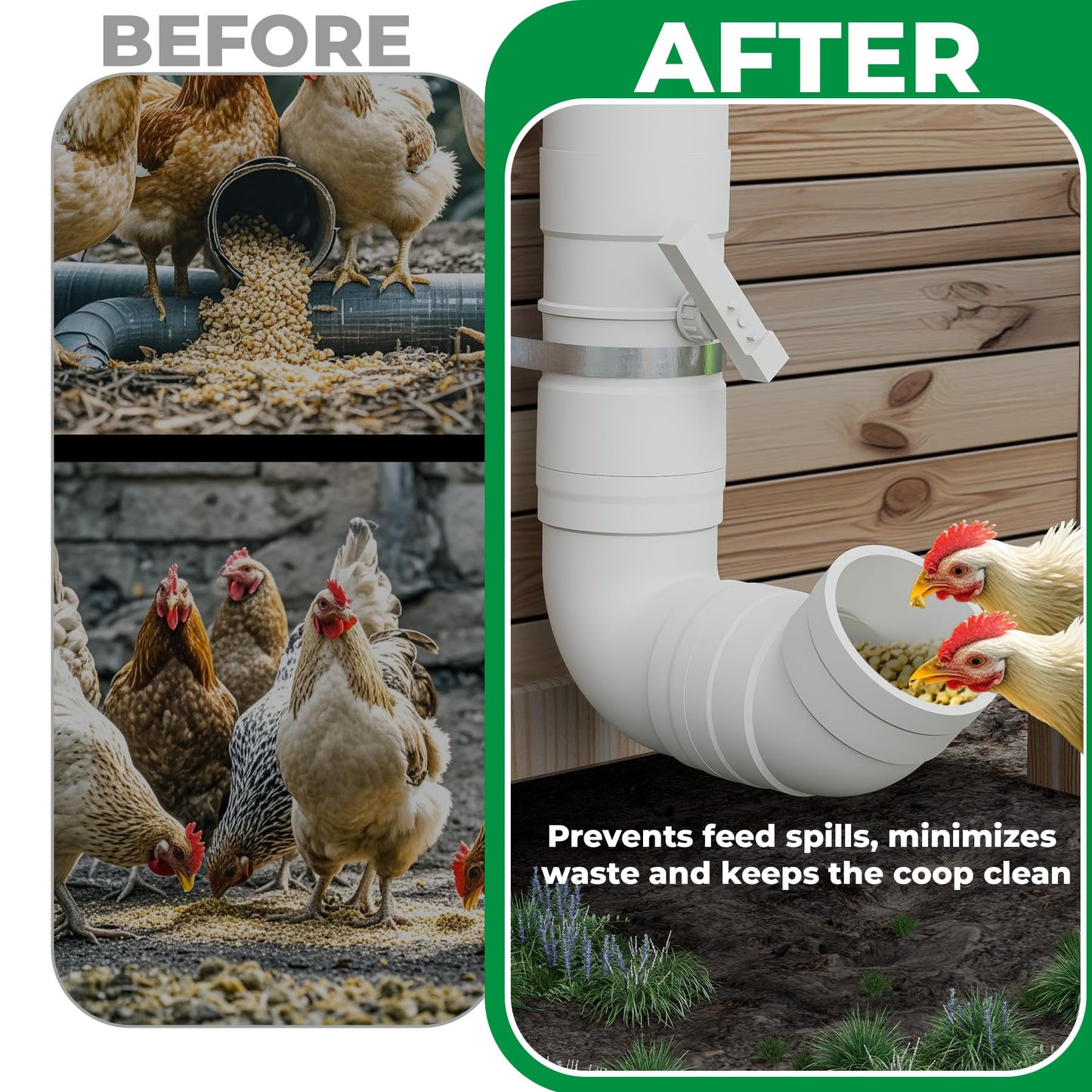 Forestchill Automatic Chicken Feeder with Adjustable Valves, Heavy Duty Plastic Pipe Chicken Coop Feeder of 7 Pounds Capacity, No Waste Hanging Chicken Feeders with 2 Lids
