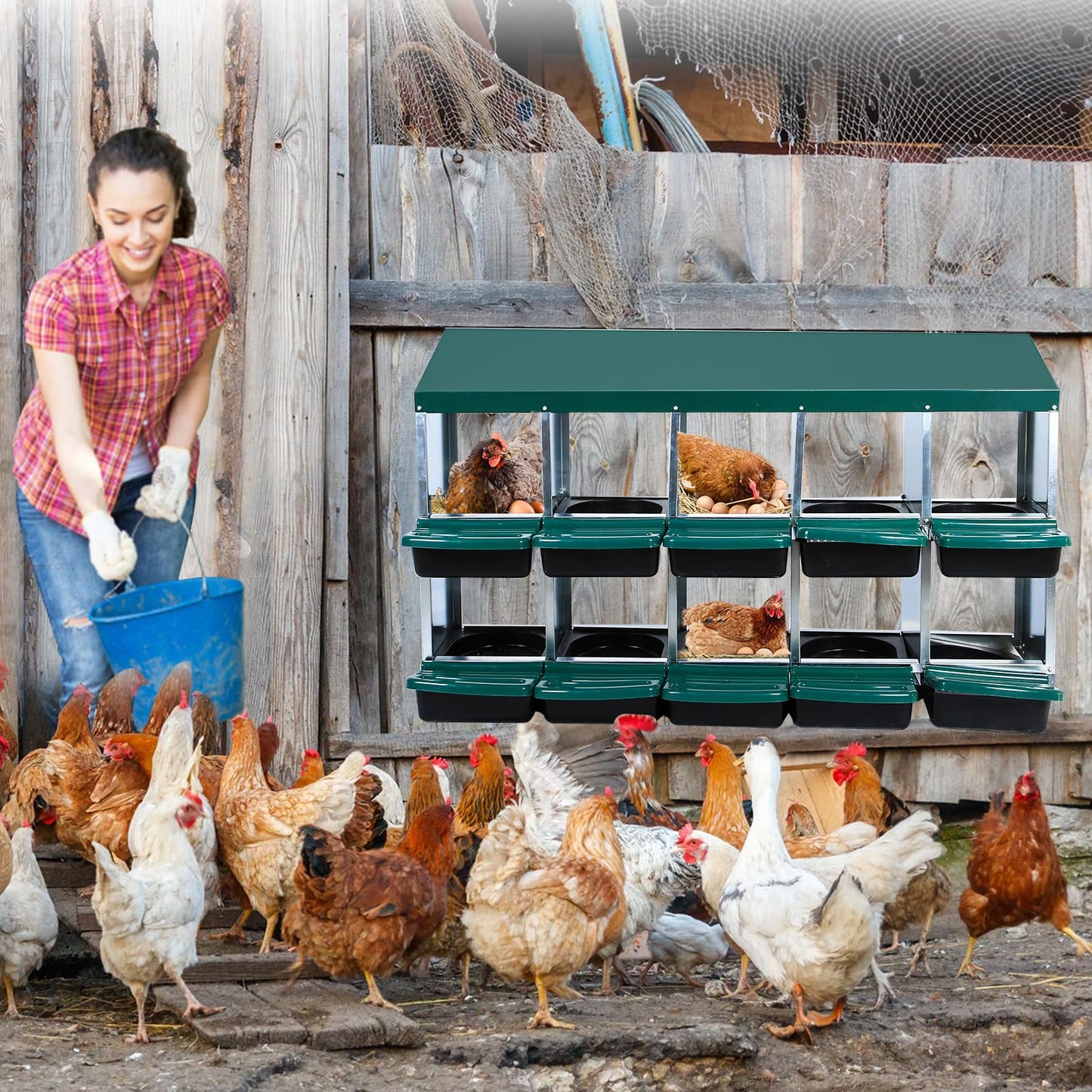 Chicken Nesting Box, 10 Compartments Chicken Nesting Boxes for Laying Eggs, Nesting Boxes for Chicken with Egg Collection for Chicken Coop, Green
