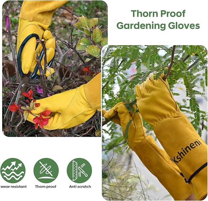 Garden Gloves, Thorn Proof Rose Pruning Gardening Gloves for Men & Women, Long Leather Glove for Weeding, Planting, Digging, Small Size