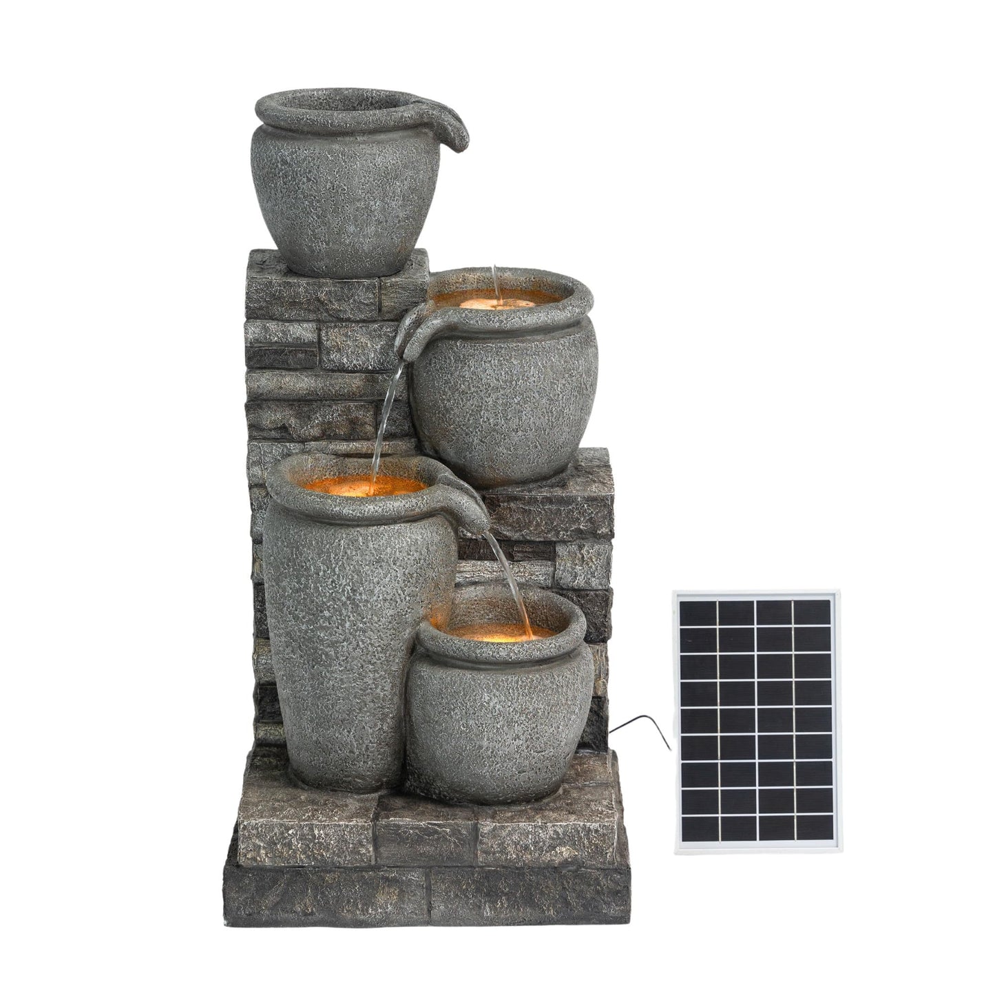 Teamson Home 30.7" 4-Tier Cascading Bowl Solar Powered Water Fountain for Outdoor Living Spaces, Gray