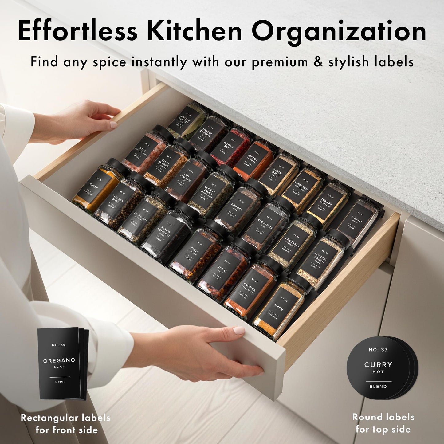 EDELHAUS Glass Spice Jars with Label and Stainless Steel Lids (24 x 4oz) Spice Containers with 240 Labels, Shaker Inserts, Steel Funnel, Empty Square Empty Square Seasoning Organizer (Black)