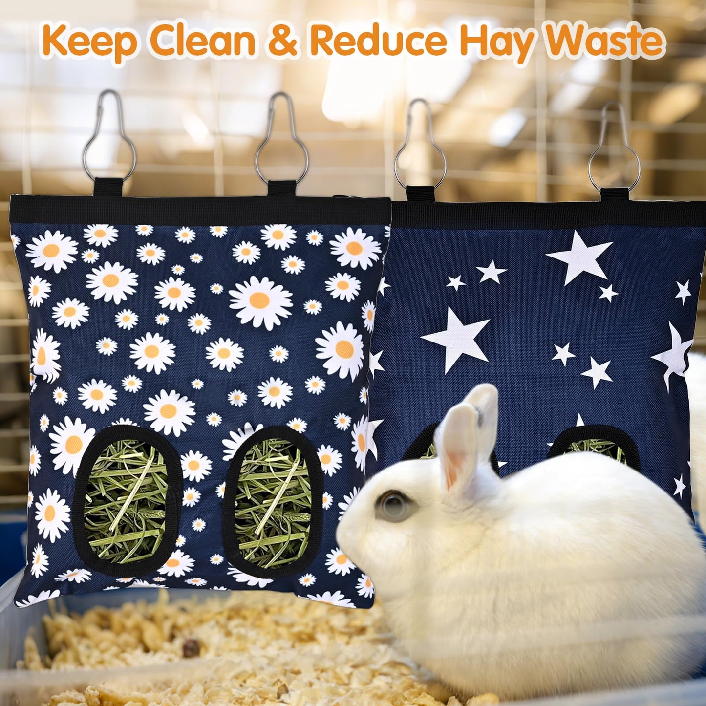 Upgraded Rabbits Hay Feeder Bag for Bunny, Guinea Pigs, Chinchillas - Hanging Washable 2-Hole Hay Dispenser with 600D Oxford Fabric, Small Animal Cage Accessories (Blue Daisy)