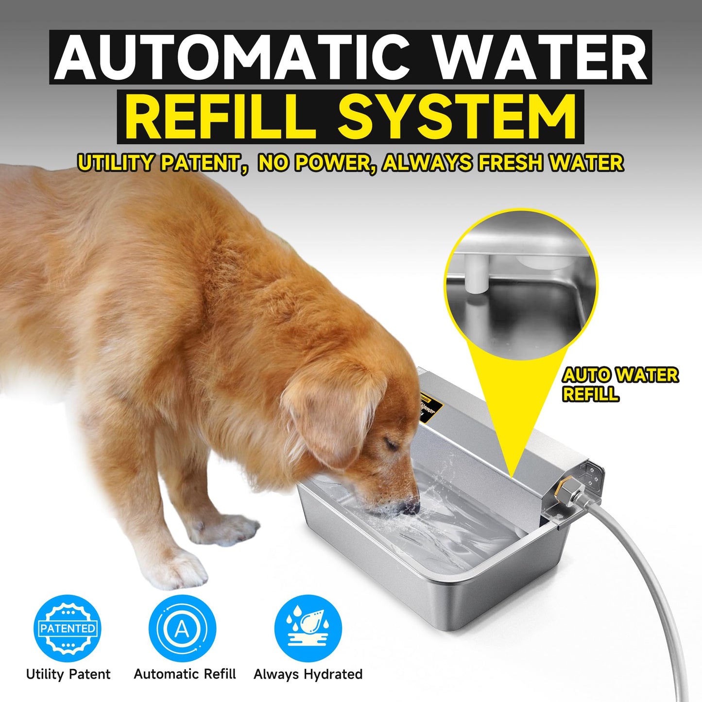 PETSOLON Automatic Dog Water Dispenser, 2 Gallons 304 Stainless Steel Large Dog Water Bowl Dispenser for Indoor/Outdoor, Pet & Livestock Water Feeder, Auto Fill, Fits GHT 3/4" Faucet, Easy to Clean