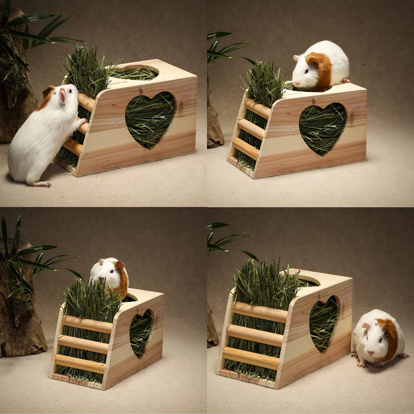 JanYoo Hay Feeder for Rabbits Wooden Holder for Cage Large Rack Hanging Food Manager Less Waste Dispenser Bunny Accessories
