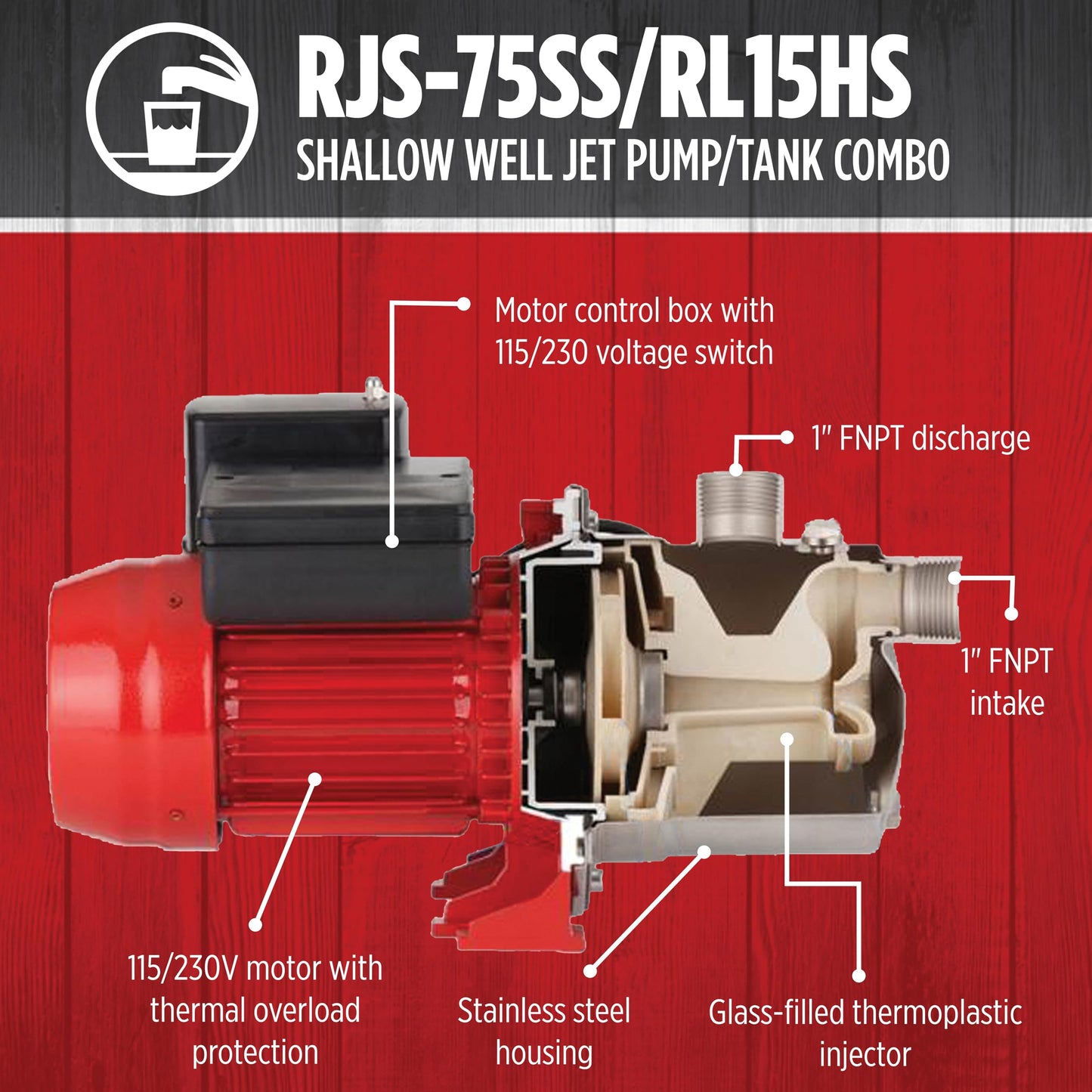 Red Lion RJS-75SS/RL15HS 115/230 Volt 3/4 HP, 12.8 GPM Stainless Steel Shallow Well Jet Pump and 15 Gallon Tank System, Stainless Steel, 602240