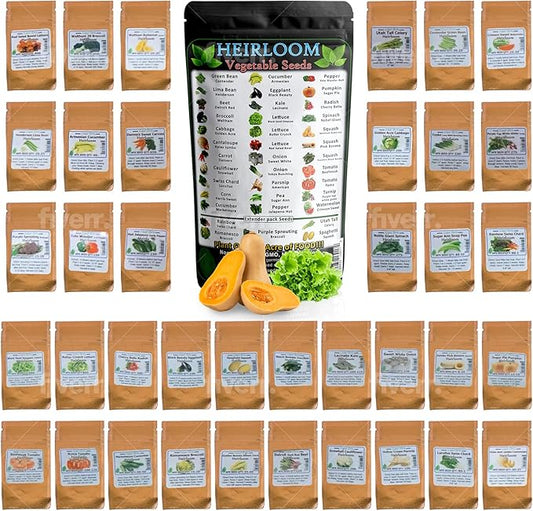 Heirloom Fruit and Vegetable Seeds - 38 Varieties, Over 8,000 Non-GMO, Non-Hybrid, Chemical-Free Seeds for Survival Garden Seed Bank