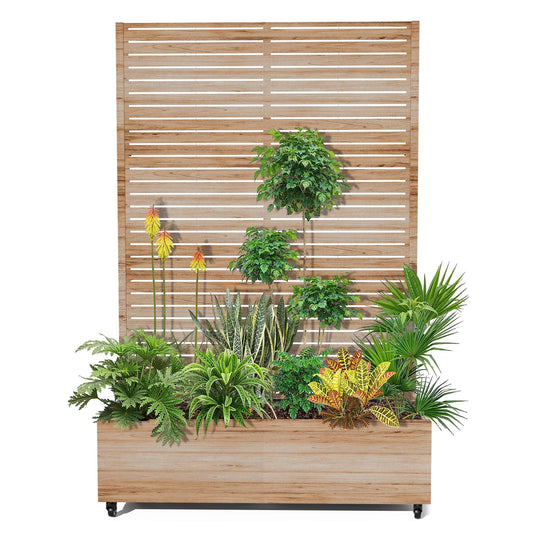 15.7"×70.9"×47.2" Metal Raised Garden Bed with Trellis and Wheels - Tall Trellis Planter Box for Climbing Plants, Vegetables & Vines - Outdoor Privacy Planters for Patio (Acacia Wood Grain)