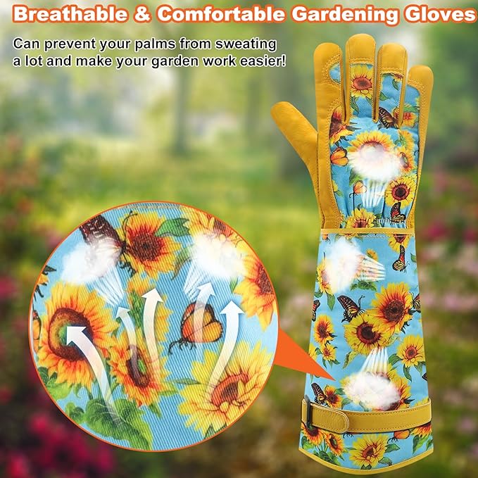 DLY Gardening Gloves for Women, Rose Gloves Gardening Thorn Proof, Long Garden Gloves for Women, Breathable Cowhide Leather Gauntlet (Large, Blue)
