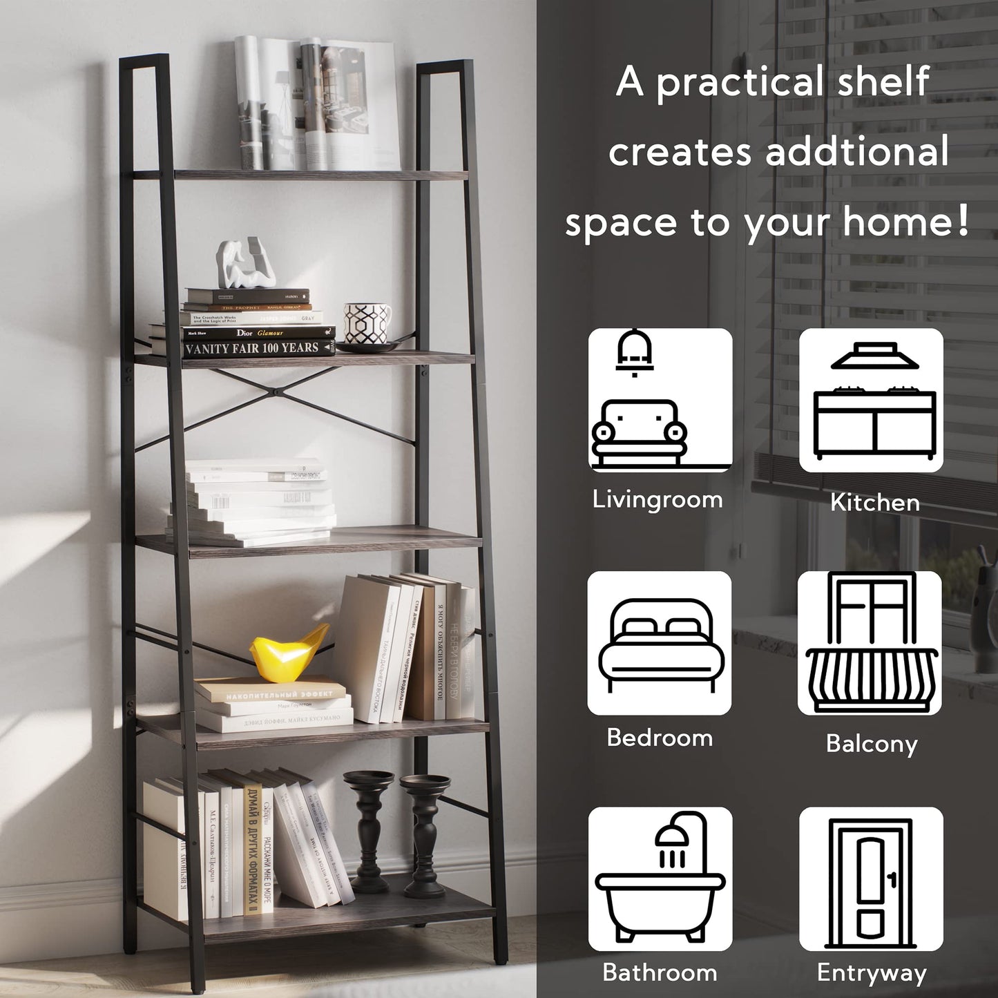 Yusong Ladder Bookshelf, Bookshelf Ladder Shelf, 5-Tier Bookshelf for Bedroom, Industrial Book Shelves Storage Rack with Metal Frame for Home Office, Rustic Brown, Gray