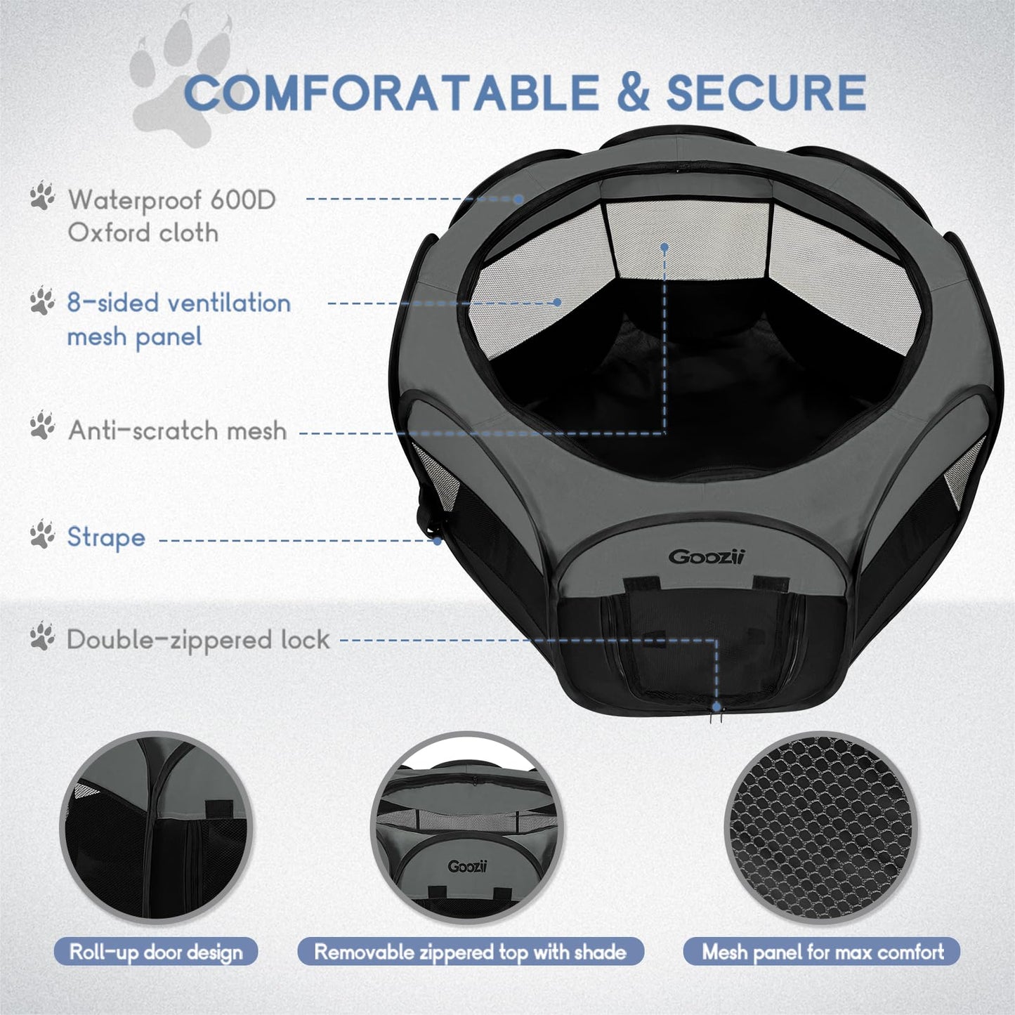 Goozii Portable Dog Playpen for Medium Dogs, Collapsible Pet Cat Kitten Puppy Playpen Indoors Outdoors with Zipper Top Cover (Medium Size, Grey-Black)