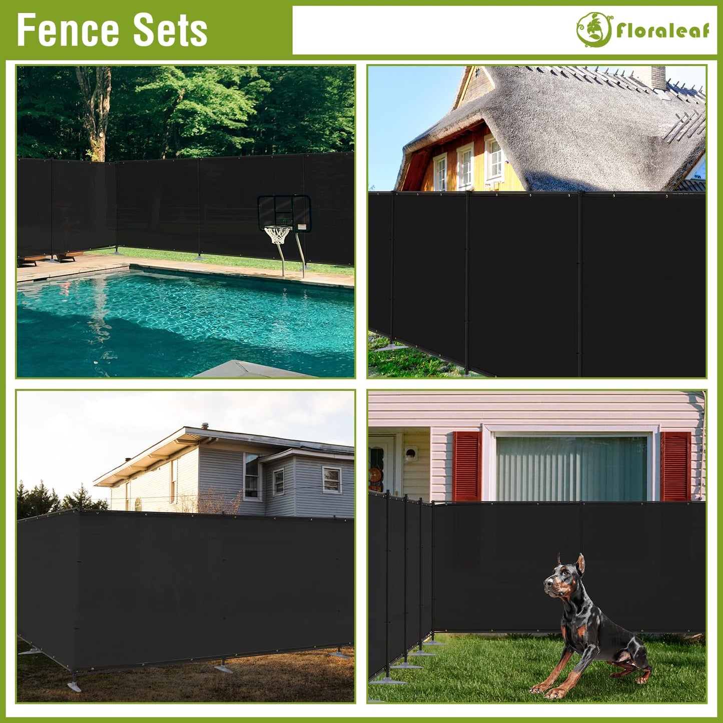 FLORALEAF 6'x24' Outdoor Privacy Fence with Iron Poles Rails Dog Fence for Garden Patio Backyard Yard Temporary Safety Barrier Chicken Metal Fence with Spikes, Black
