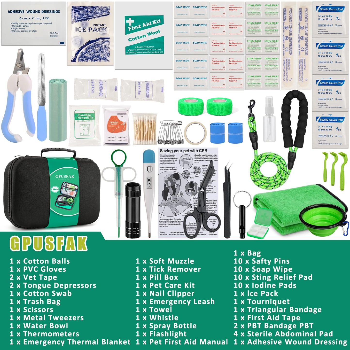 GPUSFAK Pet First Aid Kit for Dogs - Pet Emergency Kit for Camping Hiking Traveling Hunting and Sports (Green)