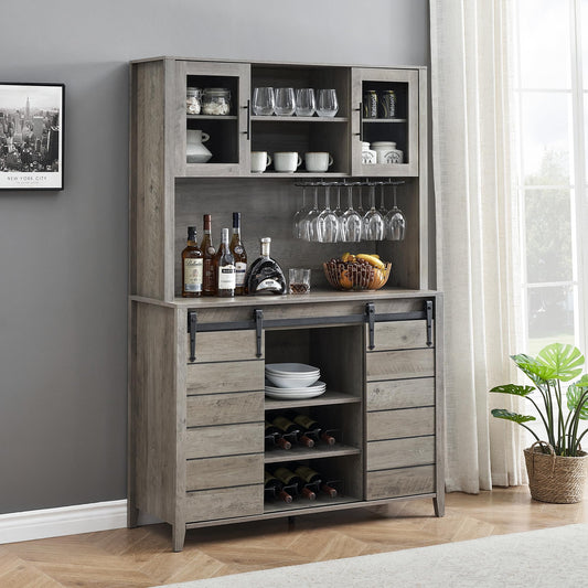 GAOMON Farmhouse Bar Cabinet with Sliding Barn Door, 70" Rustic Buffet Cabinet with Storage Shelves, Liquor Cabinet with Wine and Glasses Rack, Sideboard Cupboard for Kitchen, Dining Room, Gray