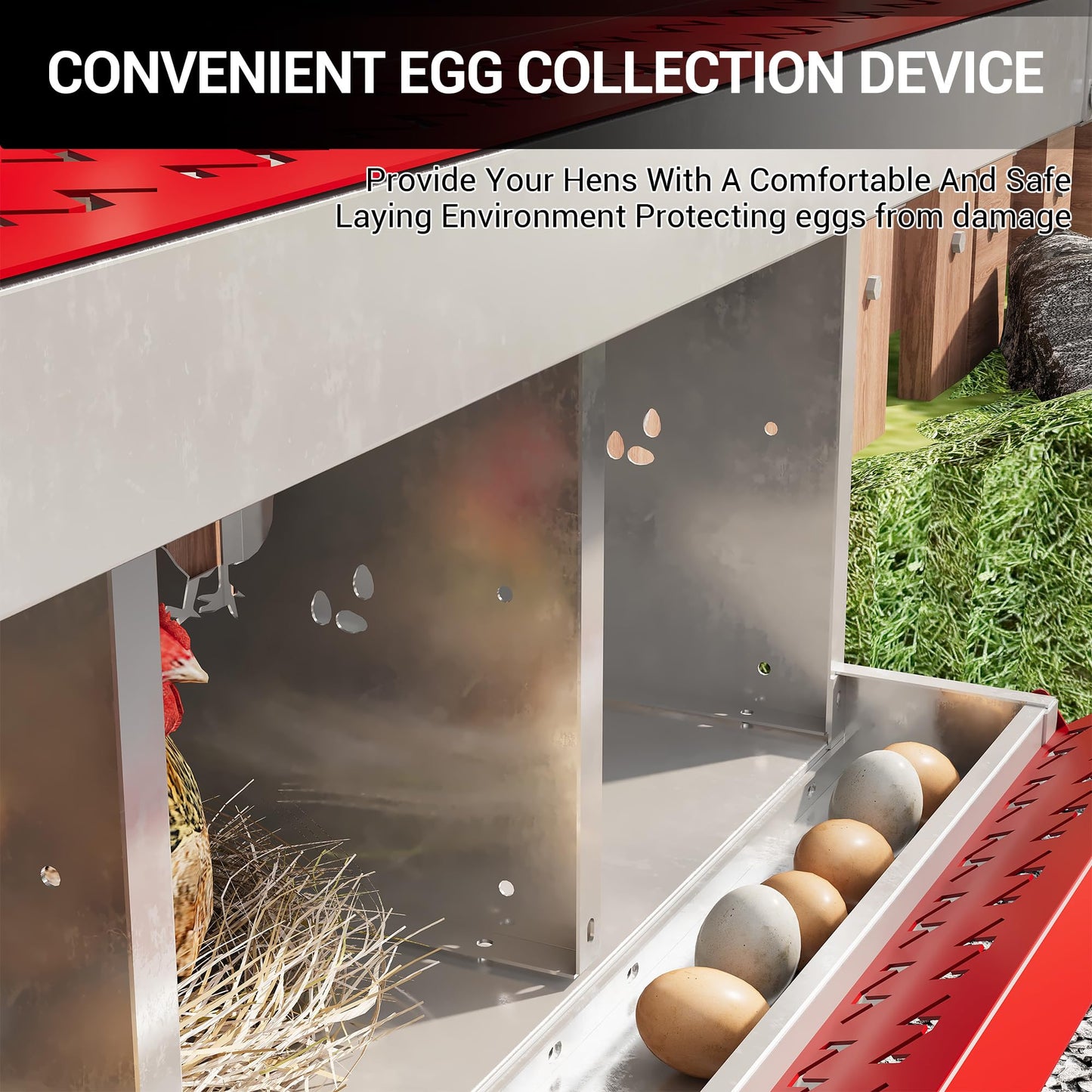 10 Hole Chicken Nesting Box - Galvanized Steel Roll Out Egg Collection with Vented Design | Rustproof Laying Boxes for Hens | Poultry Coop Accessories for Egg Layers, Red with Stand