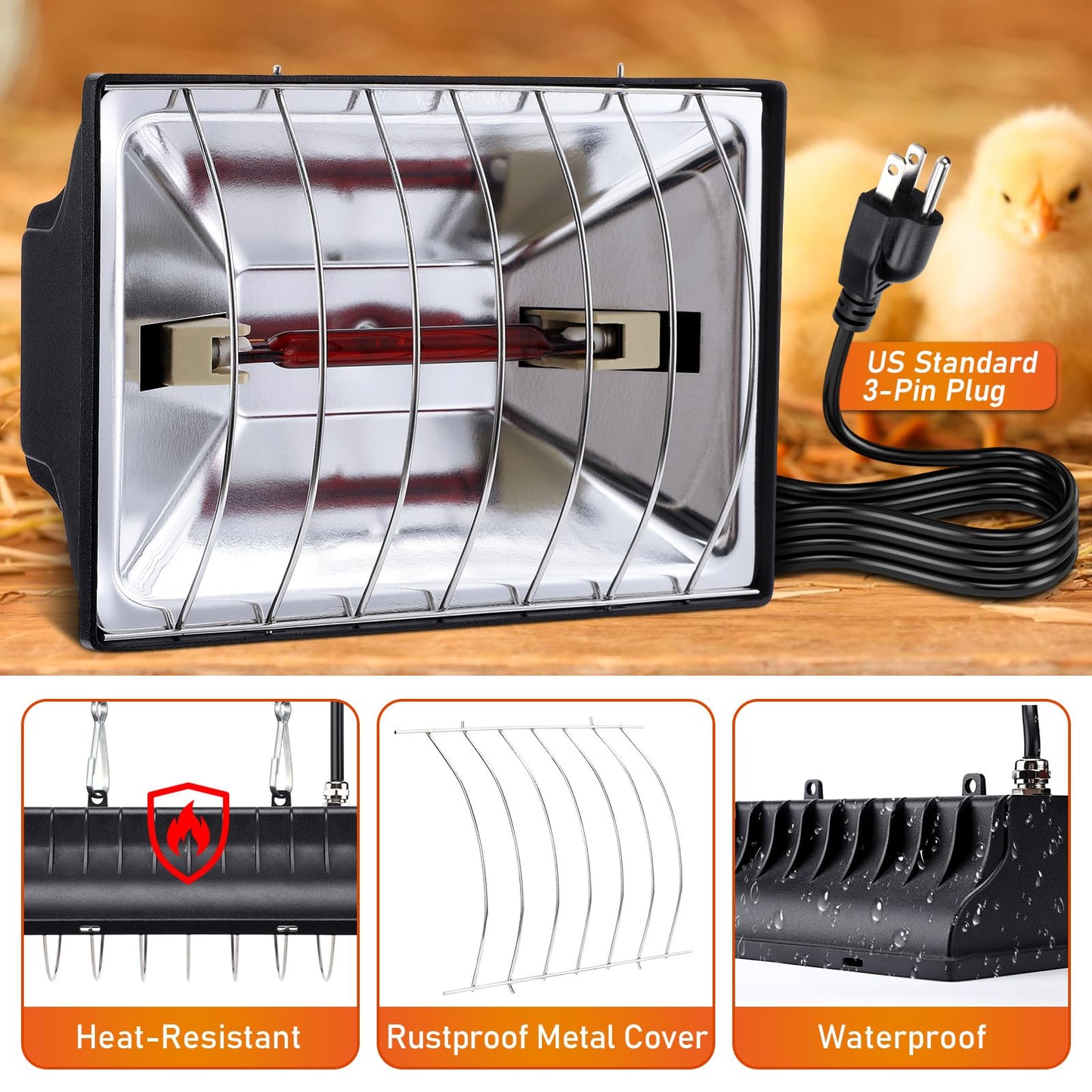 GSDOTZAP 250W Chicken Coop Heater with 2PCS Heat Lamp, Brooder Heater for 30 Chicks Or Ducklings, 6ft Cord Heat Lamp for Chickens, Adjustable Temp & Height Brooder Heating Plate for Livestock Pet