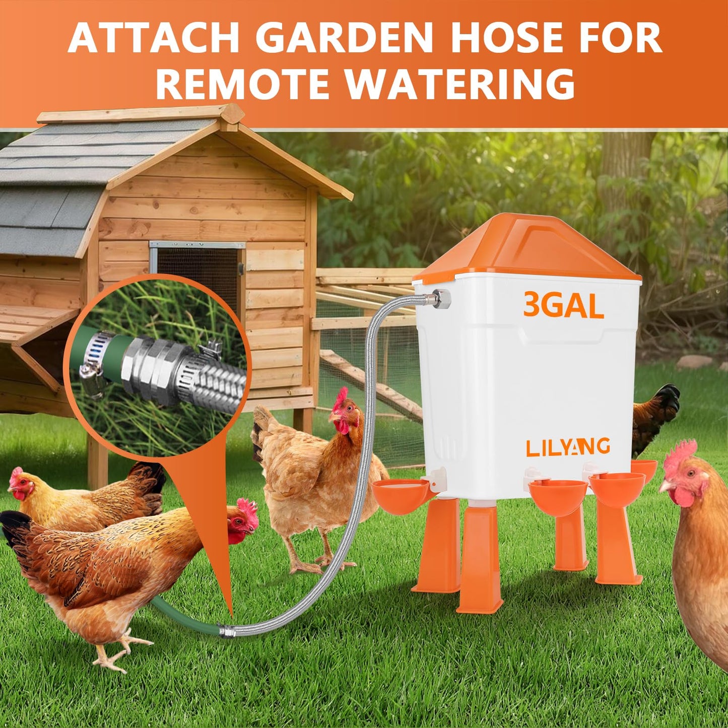 Lilyang Automatic Chicken Waterer 3 Gallon | Float-Control Poultry Waterer, Hanging/Standing Design, Connect to 3/4'' Faucet & Hose, Effortless Hydration Solution for Backyard Coop & Small Farm