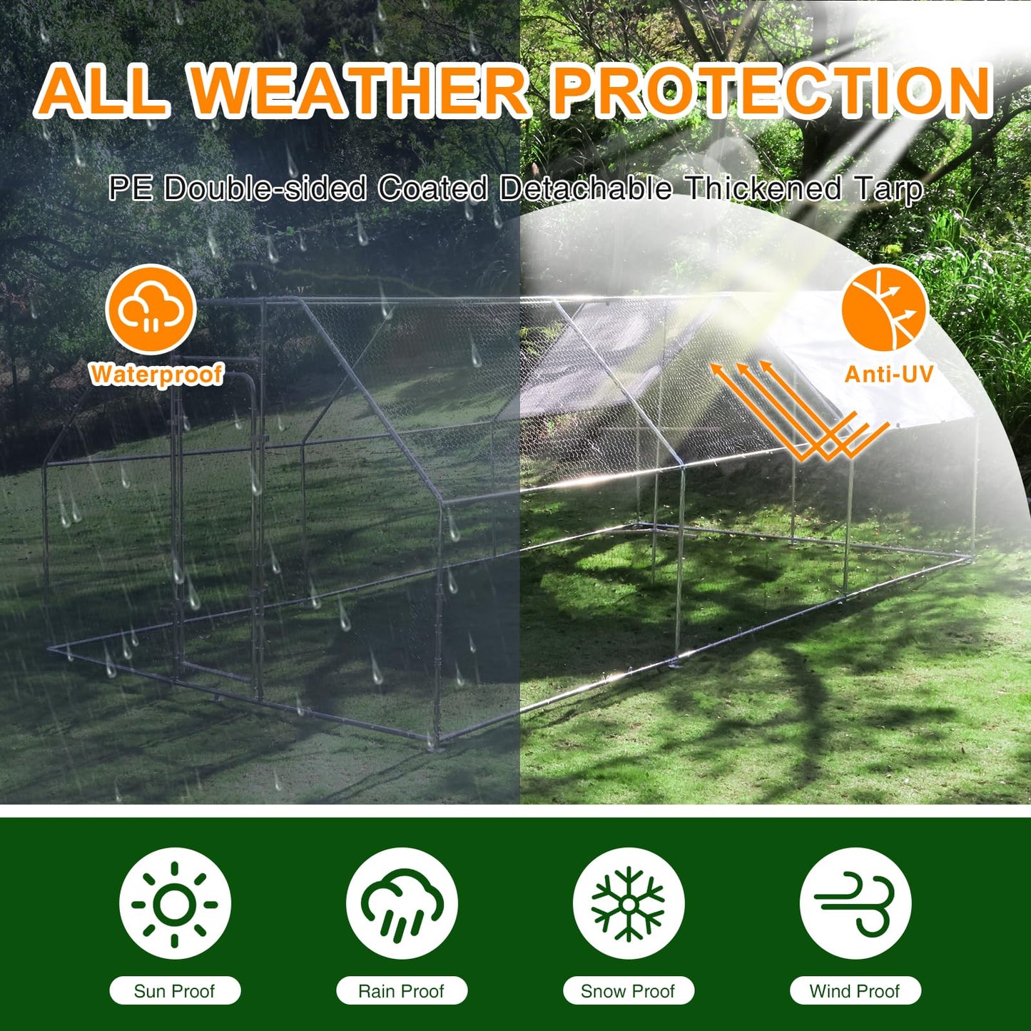 Chicken Coop Large Metal Chicken House/Pen with Climbing Frame for 15-20 Chickens, Outdoor Walk-in Poultry Cage Flat Shape for Ducks, Rabbits, Dogs Etc, Silver (236" L x 117.6" W x 78.7" H)