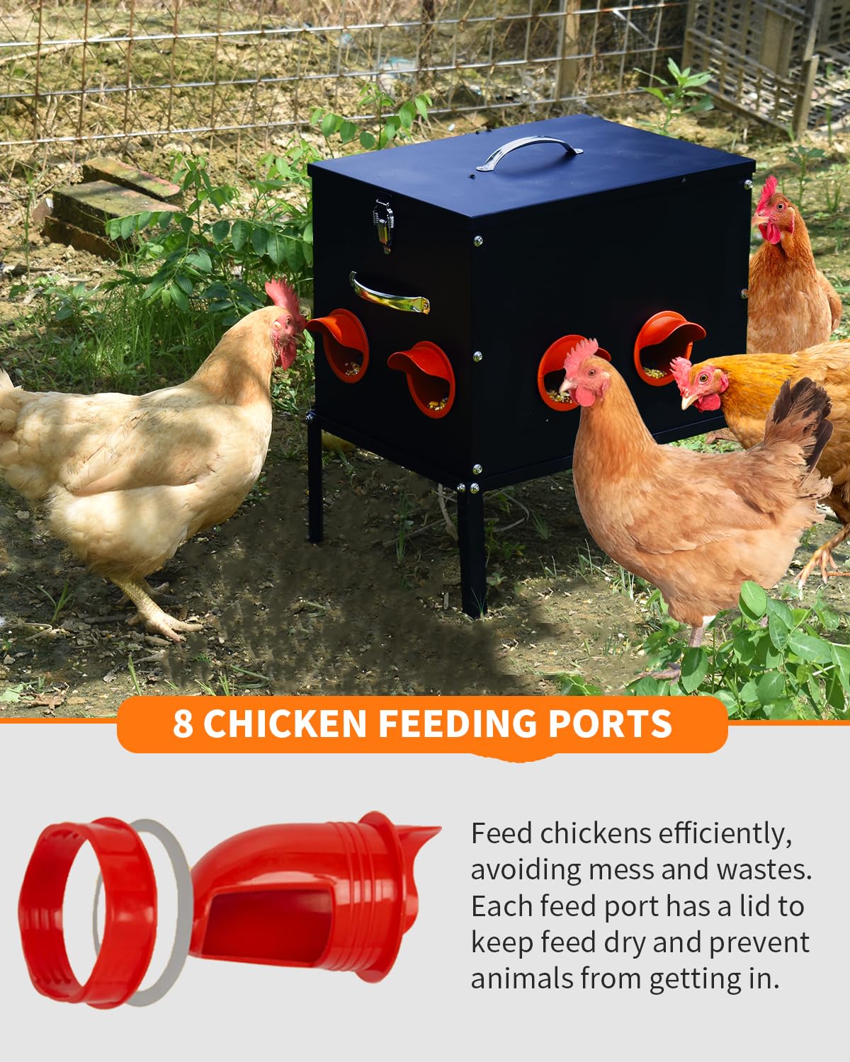 Automatic Chicken Feeder –45LB 8 Feeding Ports,Large Metal Chicken Feeders - No Waste Poultry Feeder with Locking Lid and Legs for Inside Coops
