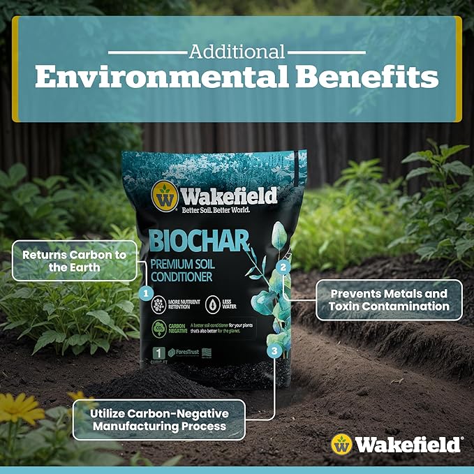 Wakefield Premium Organic Biochar Soil Amendment & Soil Conditioner – Certified Carbon-Negative Nutrient-Locking, Water-Efficient Bio Char for Plants & Lawns - Soil Amendments for Lawn - 1 CF