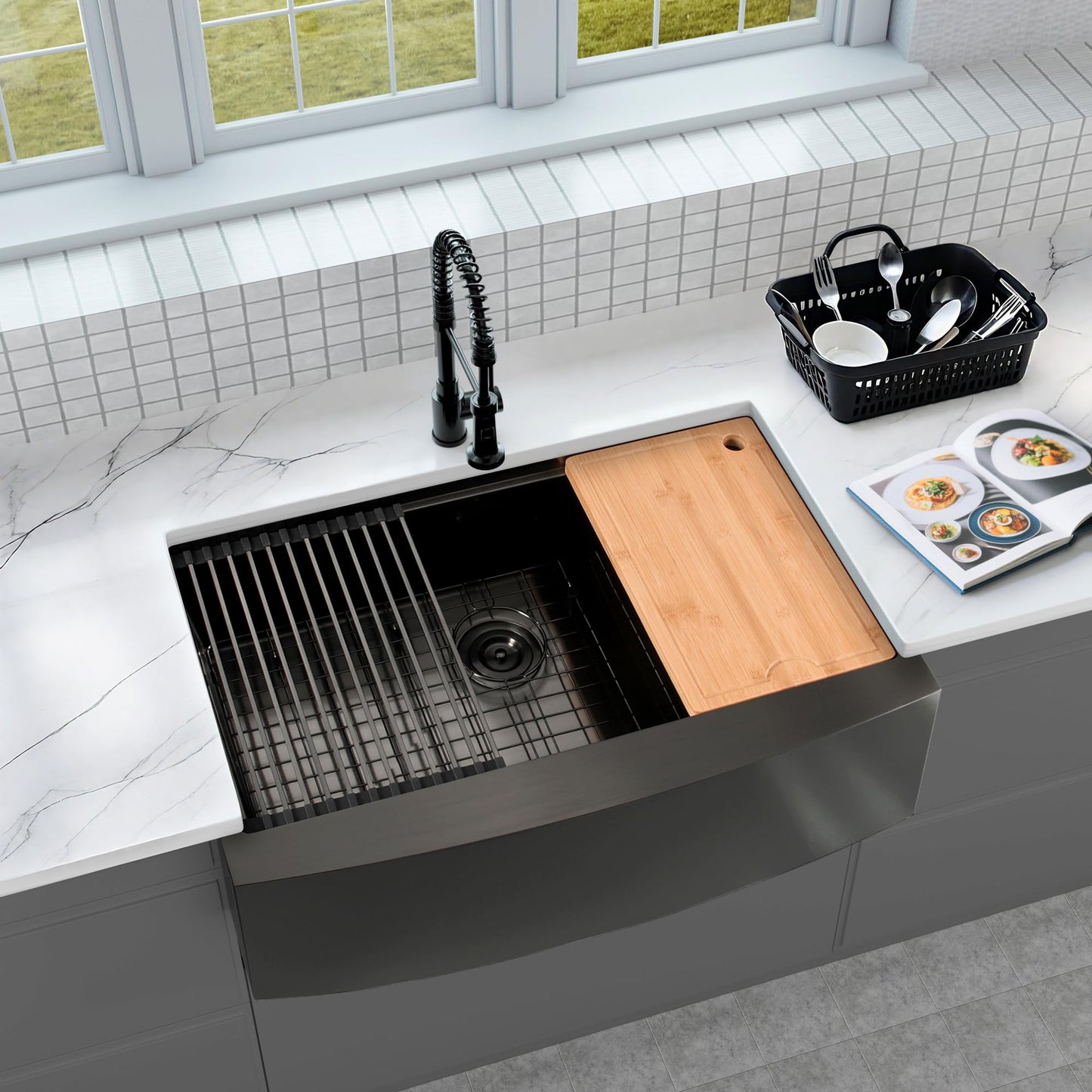 Farmhouse Sink 33 inch, Black 16 Gauge Ledge Stainless Steel Rustic Farmhouse Sinks Apron Front Undermount Farm Single Bowl Kitchen Sinks with Accessories,33"x20"x10"