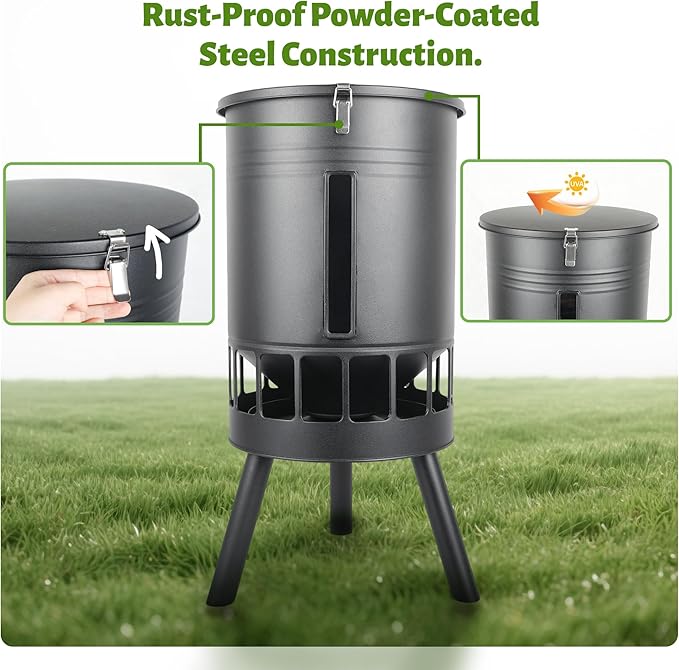 KOL Metal Chicken Feeder No Waste - 50lbs Poultry Feeder with 16 Ports, Powder Coated Rust-Proof Design & Smooth Edges for Safe Feeding (Black)