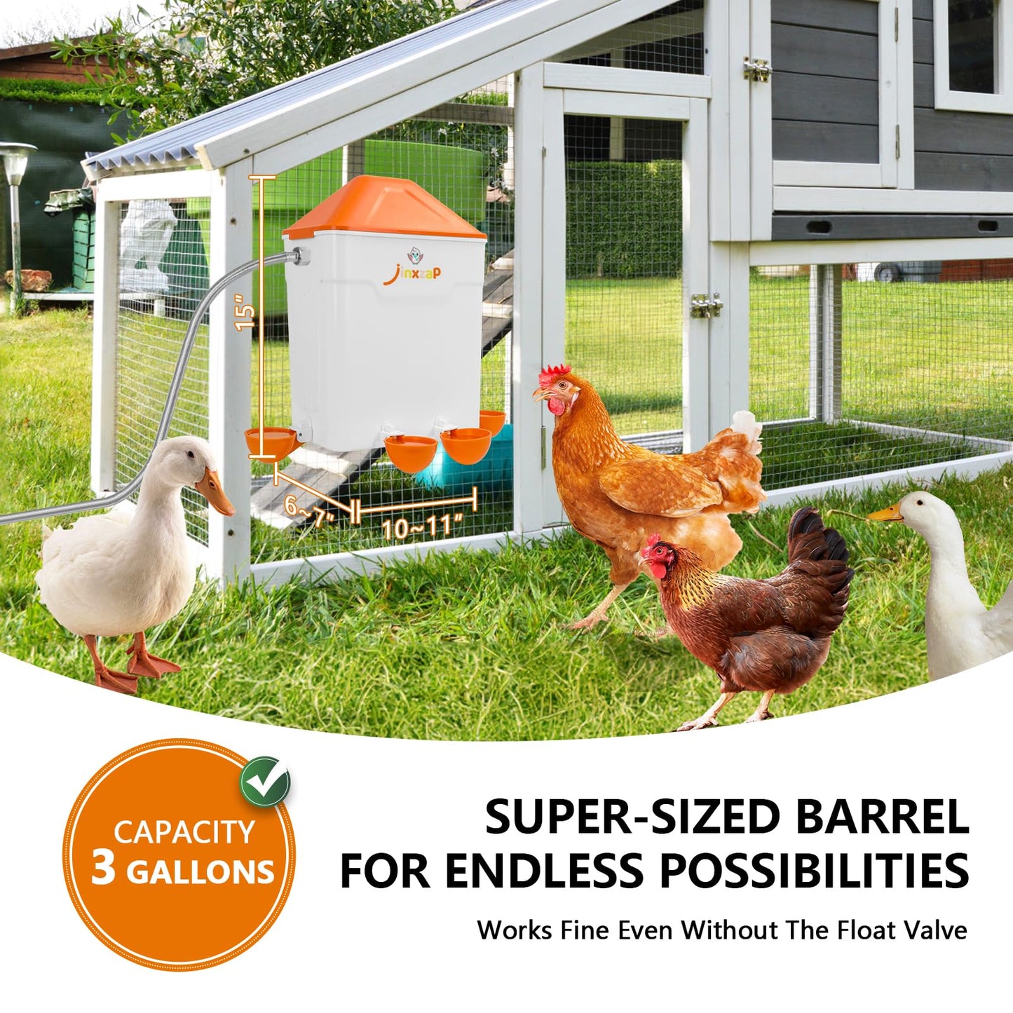 JinxZap 3 Gal Automatic Chicken Waterer with Float Valve, Automatic Chicken Watering System with 60-Inch Hose (One End 3/4''), Large Waterer for Chicken Duck Quail Turkey