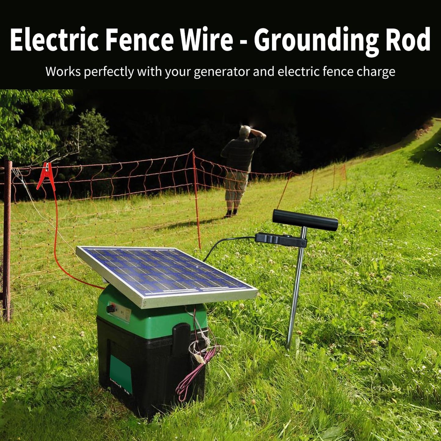 YSLDSKER 24-Inch Extended Solar Electric Fence Grounding Rod with Alligator Clip Lead Wire – for Fence Energizer, Solar Charger & Generator Fence Systems