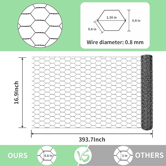 Chicken Wire 16.9 in x 393.7 in Poultry Wire Netting Hexagonal Galvanized Mesh Garden Fence Barrier for Pet Rabbit Chicken Fencing with 100 Pcs Cable Zip Ties(PVC-Coated)