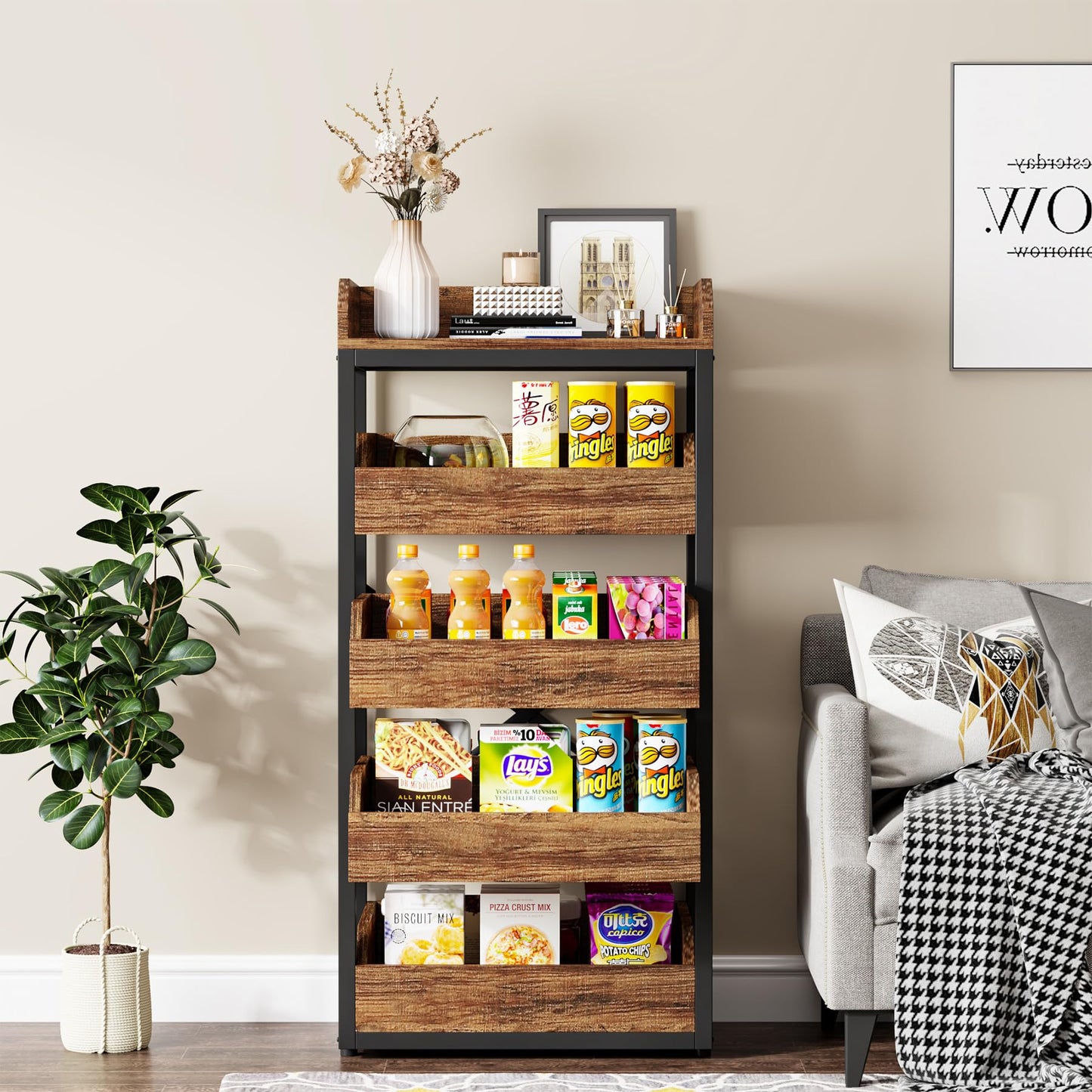LITTLE TREE 5-Tier Wood Fruit Vegetable Storage Basket Stand, Pull-Out Snack Stand Fruit Basket Stand, Utility Shelf Organizer for Kitchen, Living Room, Bedroom, Rustic Brown