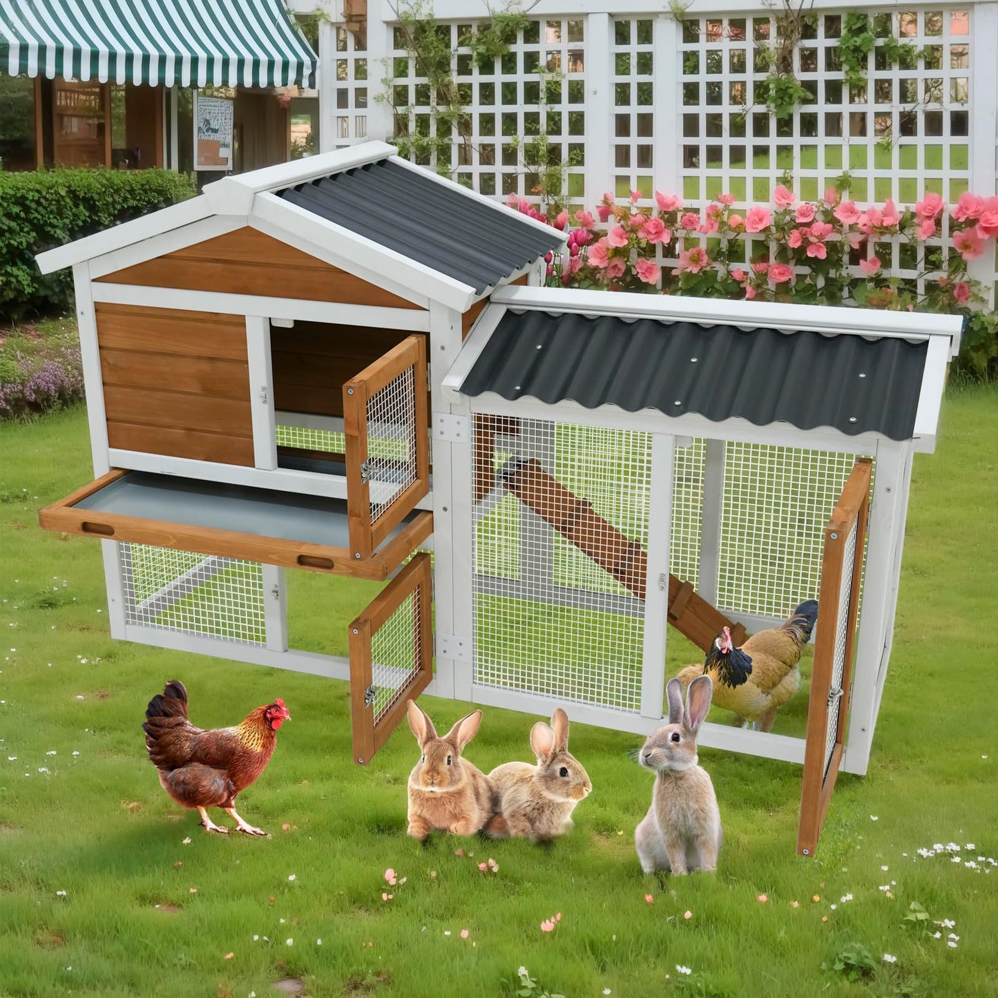 YOPTO 58" Rabbit Cage W/Ramp,Waterproof Rabbit Hutch W/Removable Tray,Wooden Bunny Cage Indoor W/Three Doors & Sloped Roof,Poultry Cage for Small to Medium Pets,Orange-Yellow+White
