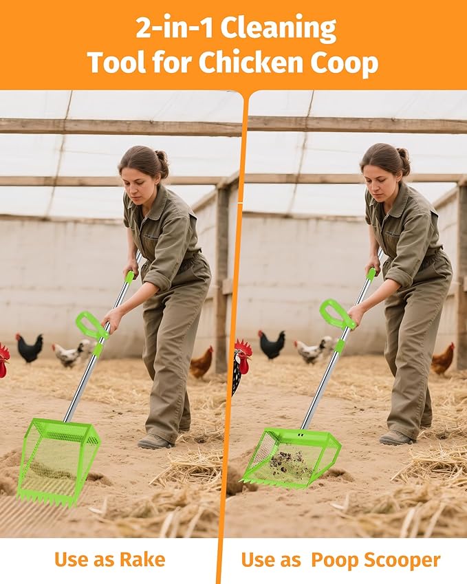 Chicken Poop Scooper & Rake - 2-in-1 Metal Chicken Coop Scoop for Sand with 22 to 62" Adjustable Handle, Litter Sifting Shovel Cleaning Tools for Chicken Run, Animal Farm, Duck Coop, Green