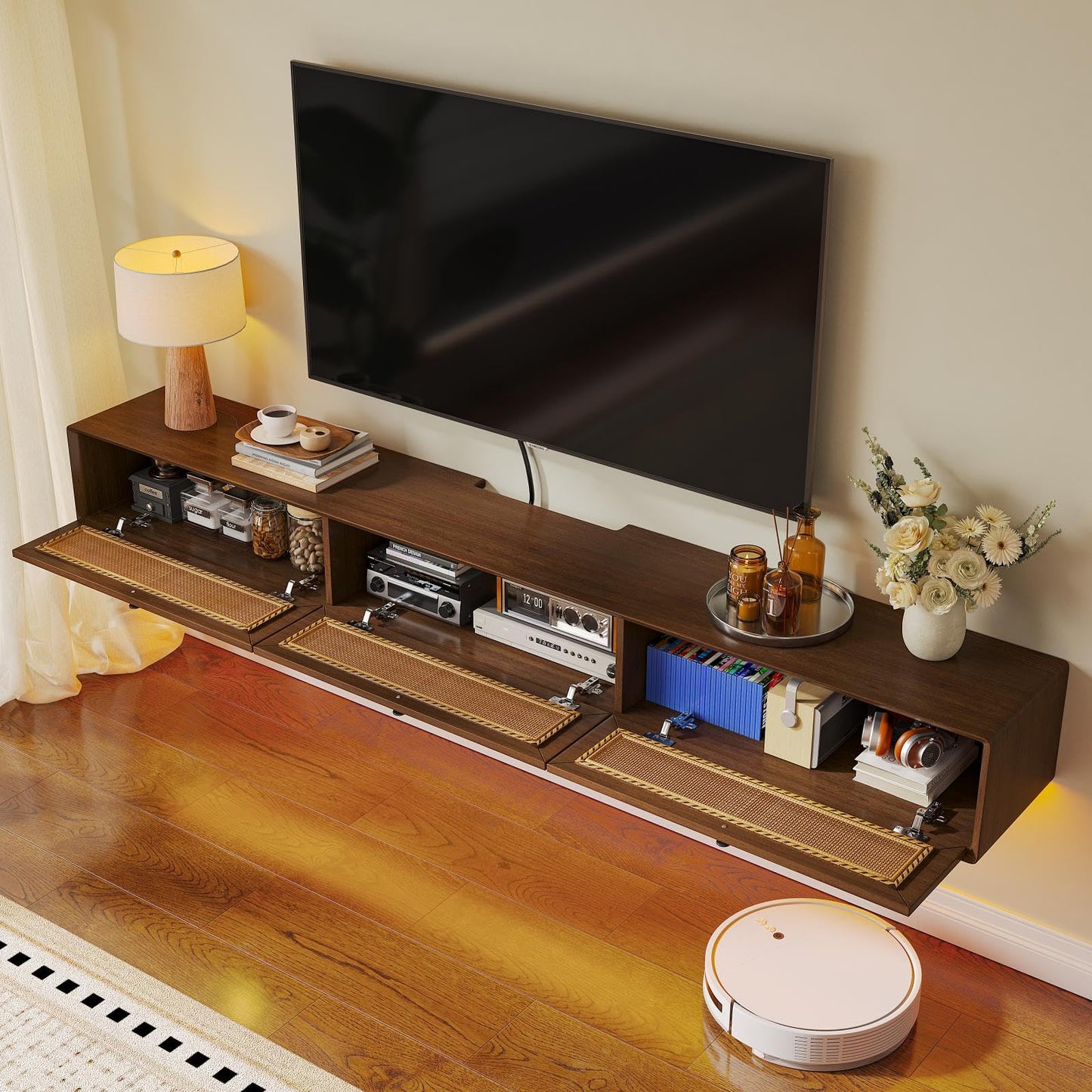 FloatiCasa Fully-Assembled Floating TV Stand with 3 Rattan Doors, Rustic Floating Entertainment Center Under TV Shelf, Modern Large Storage Wall Mounted Media Console for Living Room Bedroom 78IN