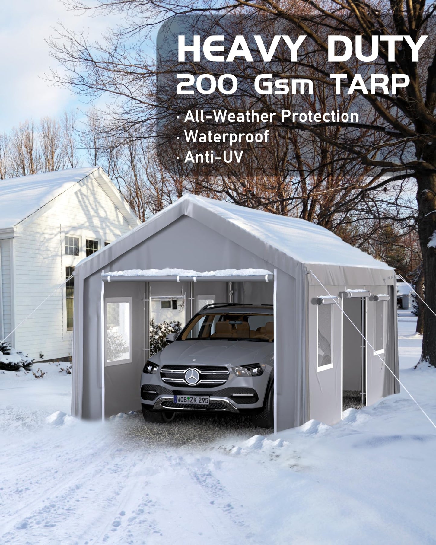 KYBOLT 10 x 20 x 11 Ft Heavy-Duty Carport, Portable Garage, 180g PE Waterproof Canopy and 8 x 1.0 mm Poles for Full-Size Pickup Trucks, Boats, and SUVs - Gray