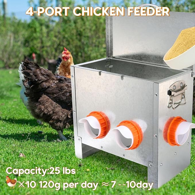Automatic Chicken Feeder No Waste Large Capacity 25lbs 4-Ports Metal Poultry Feeder with Pull Handle for Chickens Geese Ducks Poultry Coop Weatherproof Design (25lb with 4 Ports)
