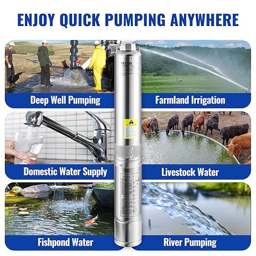 VEVOR Deep Well Submersible Pump, 0.5HP 115V/60Hz, 28gpm Flow 167ft Head, with 33ft Electric Cord, 4" Stainless Steel Water Pumps for Industrial, Irrigation&Home Use, IP68 Waterproof Grade