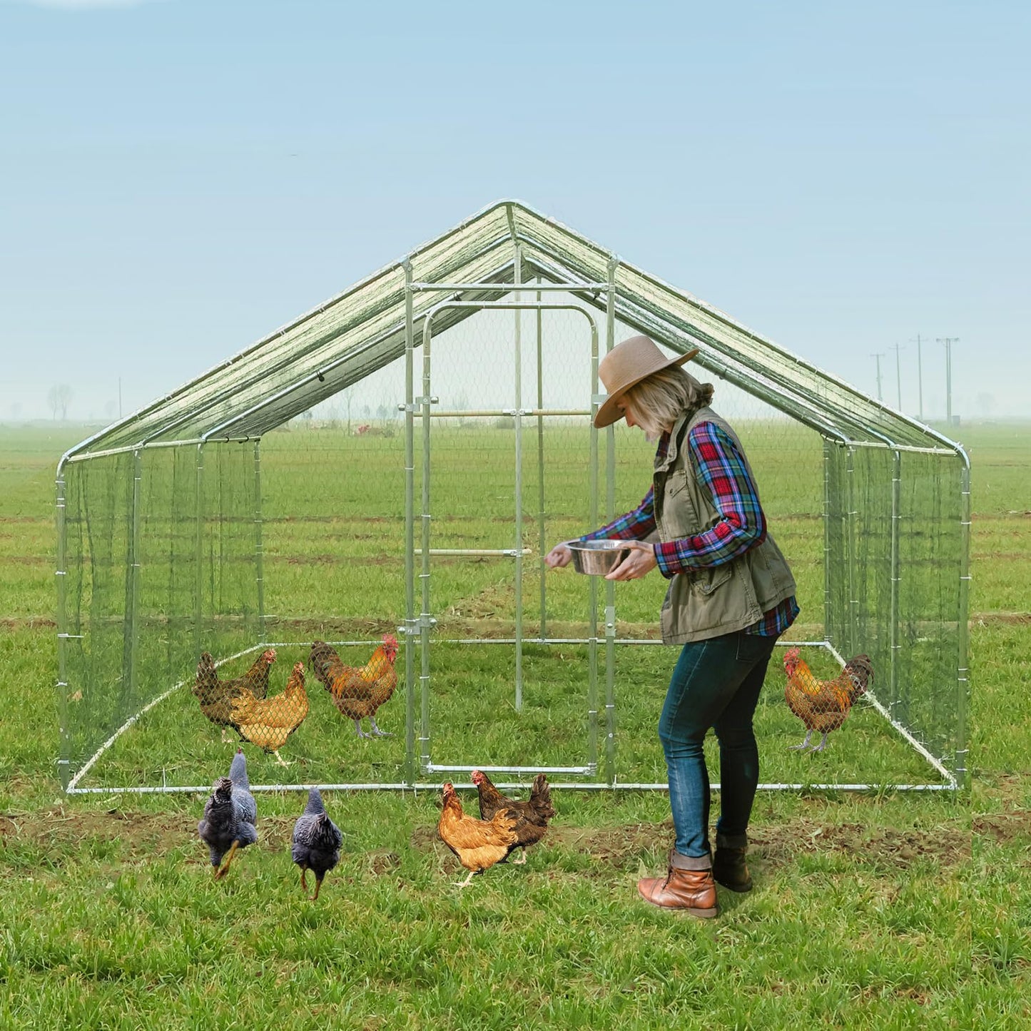 Large Metal Chicken Coop Chicken Runs for Yard with Cover Walk in Poultry Cage with Waterproof & Anti-UV Cover Heavy Duty Chicken Pen for Outdoor, Duck Rabbit Cage