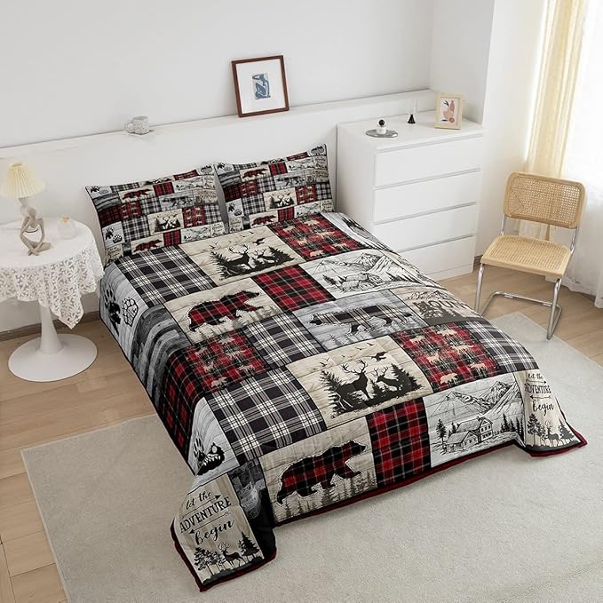 Rustic Cabin Comforter Set King Woodland Wolf Deer Bear Comforter For Kids Adults,Red Black Buffalo Plaid Bedding Set Wildlife Camping Lodge Mountain Quilt Bedding Southwestern Farmhouse Decor