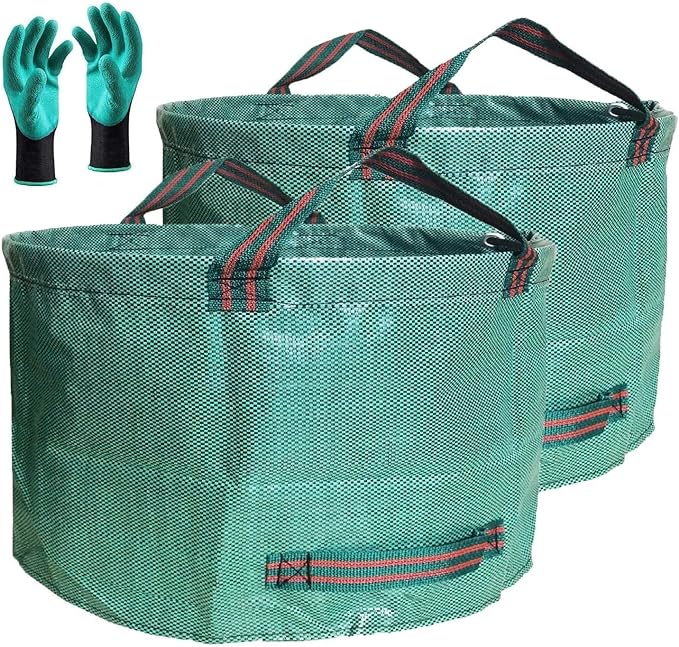 Standard 2-Pack 46 Gallon Yard Garden Bags (D26, H19 inch) with Gloves for Yard Waste Bags,Lawn Debris,Weeds Bag,Recycle Bin,Laundry Container,Camping Waste Bin,Lawn Grass Clippings,Leaf Bag 4 Handles