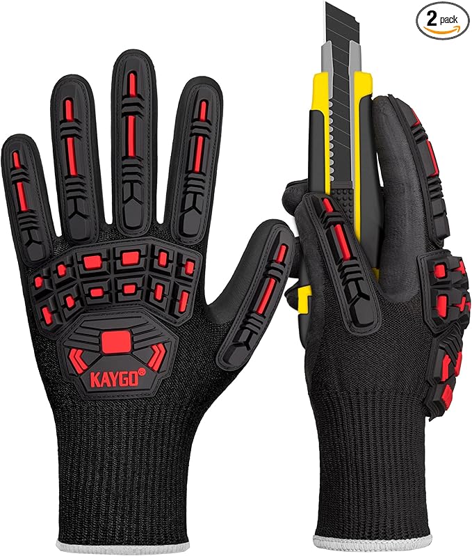 KAYGO Cut Resistant Safety Work Gloves，ANSI Cut level A3,Impact Reducing Work Gloves for Men, TPR Impact Reducing Mechanic,KG30NB,2 Pairs Black,X-Large