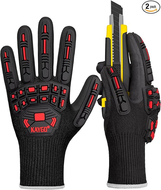 KAYGO Cut Resistant Safety Work Gloves，ANSI Cut level A3,Impact Reducing Work Gloves for Men, TPR Impact Reducing Mechanic,KG30NB,2 Pairs Black,X-Large