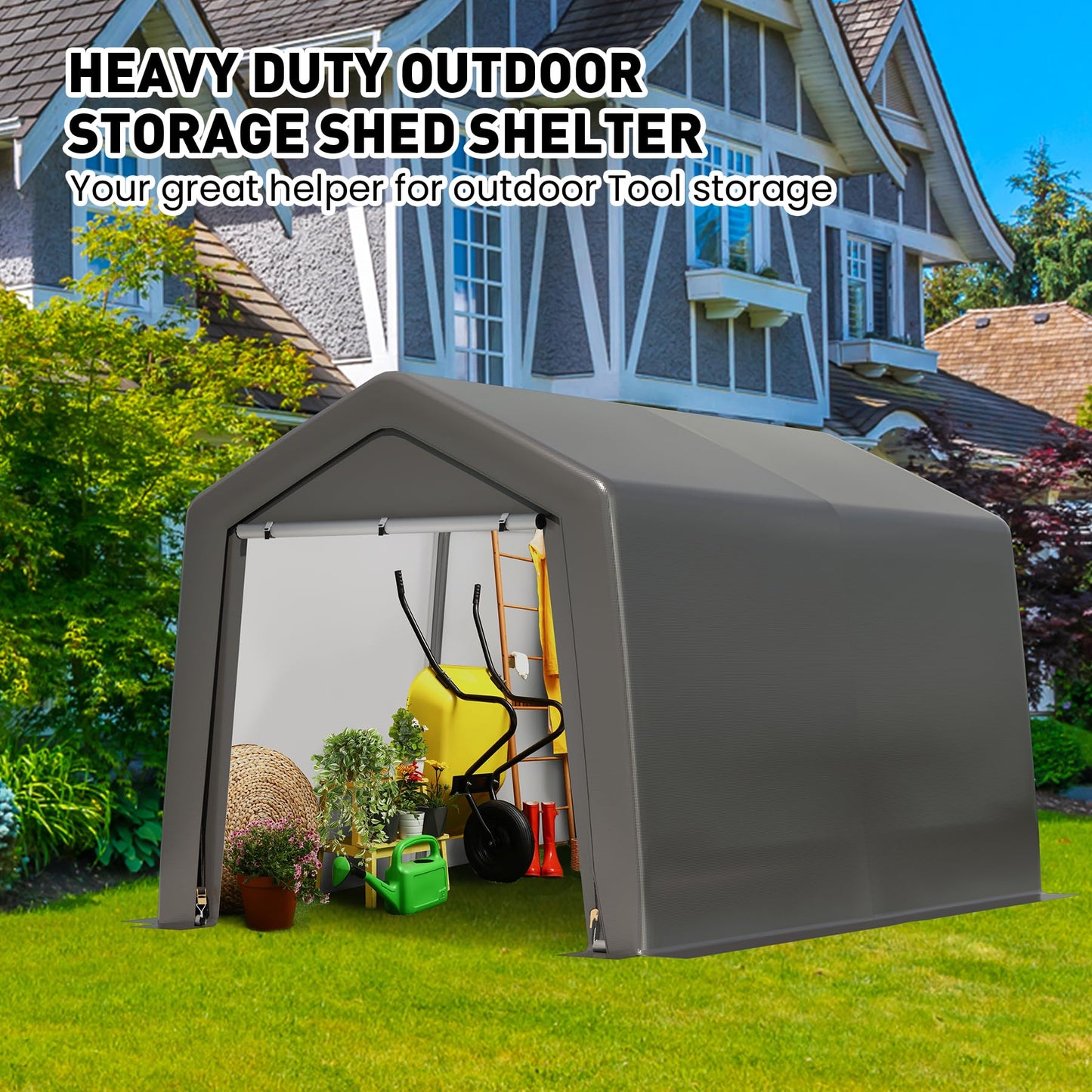 8 x 12FT Portable Storage Shed, Outdoor Storage Shelter with Roll-Up Zipper Door, Waterproof Tarp, Portable Garage for Motorcycle, Bike, Garden Tools