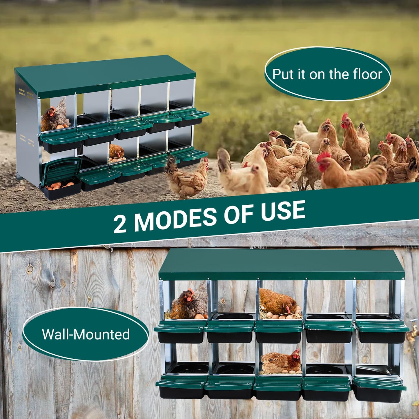 Chicken Nesting Box, 10 Compartments Chicken Nesting Boxes for Laying Eggs, Nesting Boxes for Chicken with Egg Collection for Chicken Coop, Green