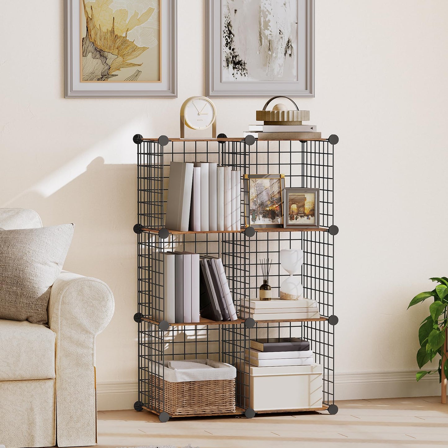 HOOBRO Cube Storage Organizer, 6-Cube Metal Grid Storage Shelf, Modular Cabinet, DIY Wire Bookshelf, for Living Room, Bedroom, Study, Rustic Brown and Black BF06CW01