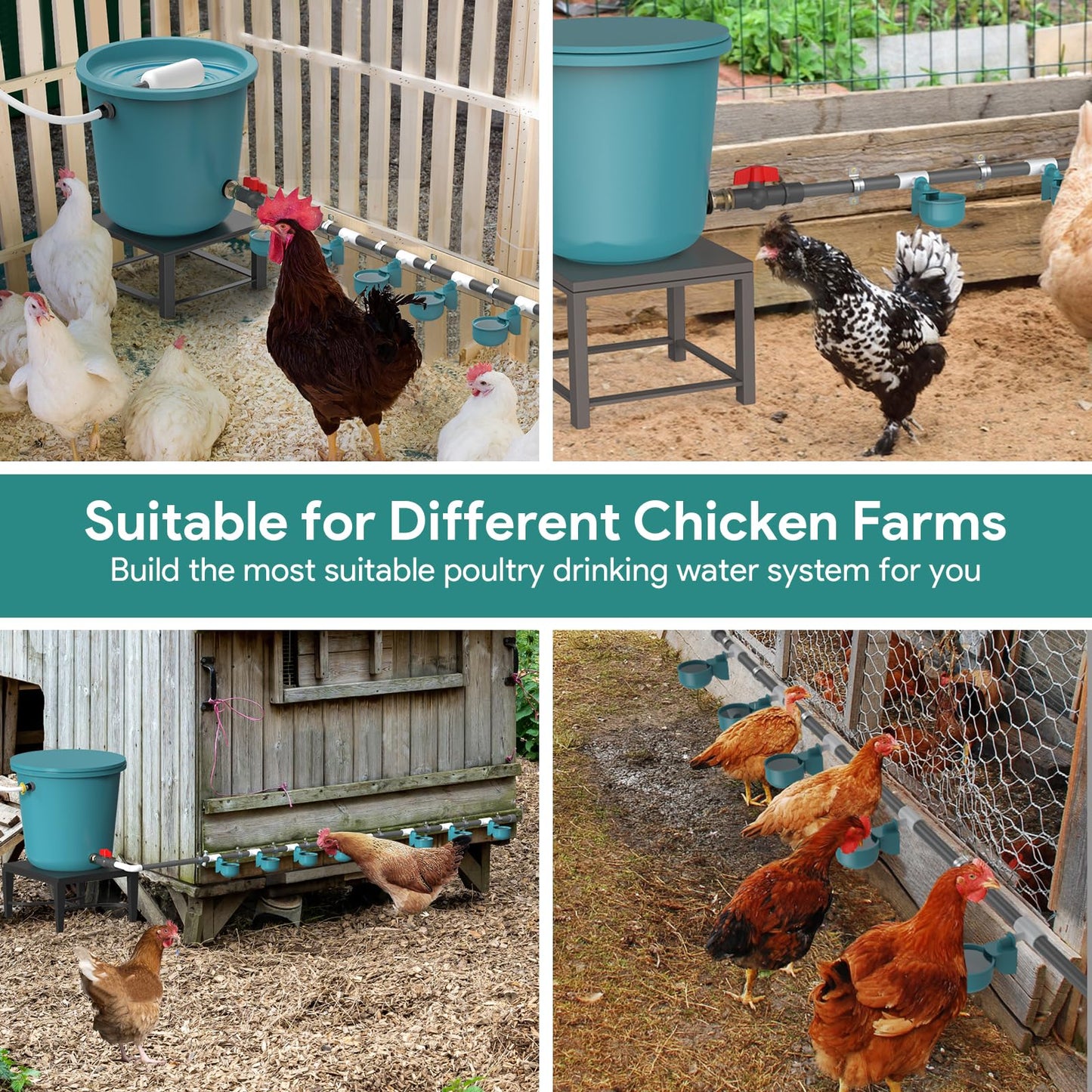 Complete Set Automatic Chicken Waterer System for Continuous Fresh Water, DIY Chicken Water Feeder with 9 Chicken Water Cups, 1/2" SCH.80 PVC Piping, Brass Pipe Fittings, Ball Valves, Poultry Waterer