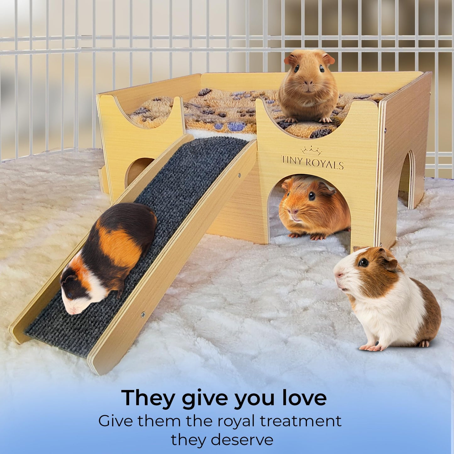 TINY ROYALS Guinea Pig Wooden Hideout with Built-in Feeder, Screw-Assembled Natural Wood Castle with Absorbent Fleece Mat, Ramp & Accessories, Cozy Safe Hideaway for Small Pets to Rest, Play & Explore