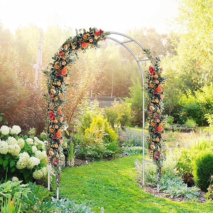 HEOMU Garden Arch Trellis, Metal Garden Arbor with Base, 5.3'W x 7.6'H or 7.9'W x 6.3'H, Assemble Freely 2 Sizes, Arch Trellis for Climbing Plants Outdoor Wedding Bridal Party Decoration, White