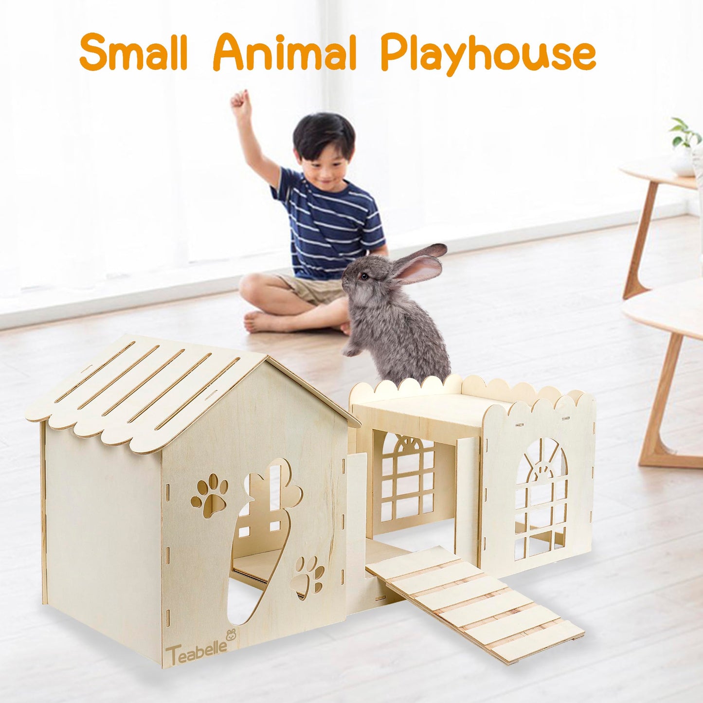 Large Rabbit Wooden Hideout House, Multi-Chamber Small Animal Wooden Castle Cage, Bunny Playhouse Habitat Decor Tunnel for Dwarf Rabbit Guinea Pig Chinchilla Hedgehog Squirrel