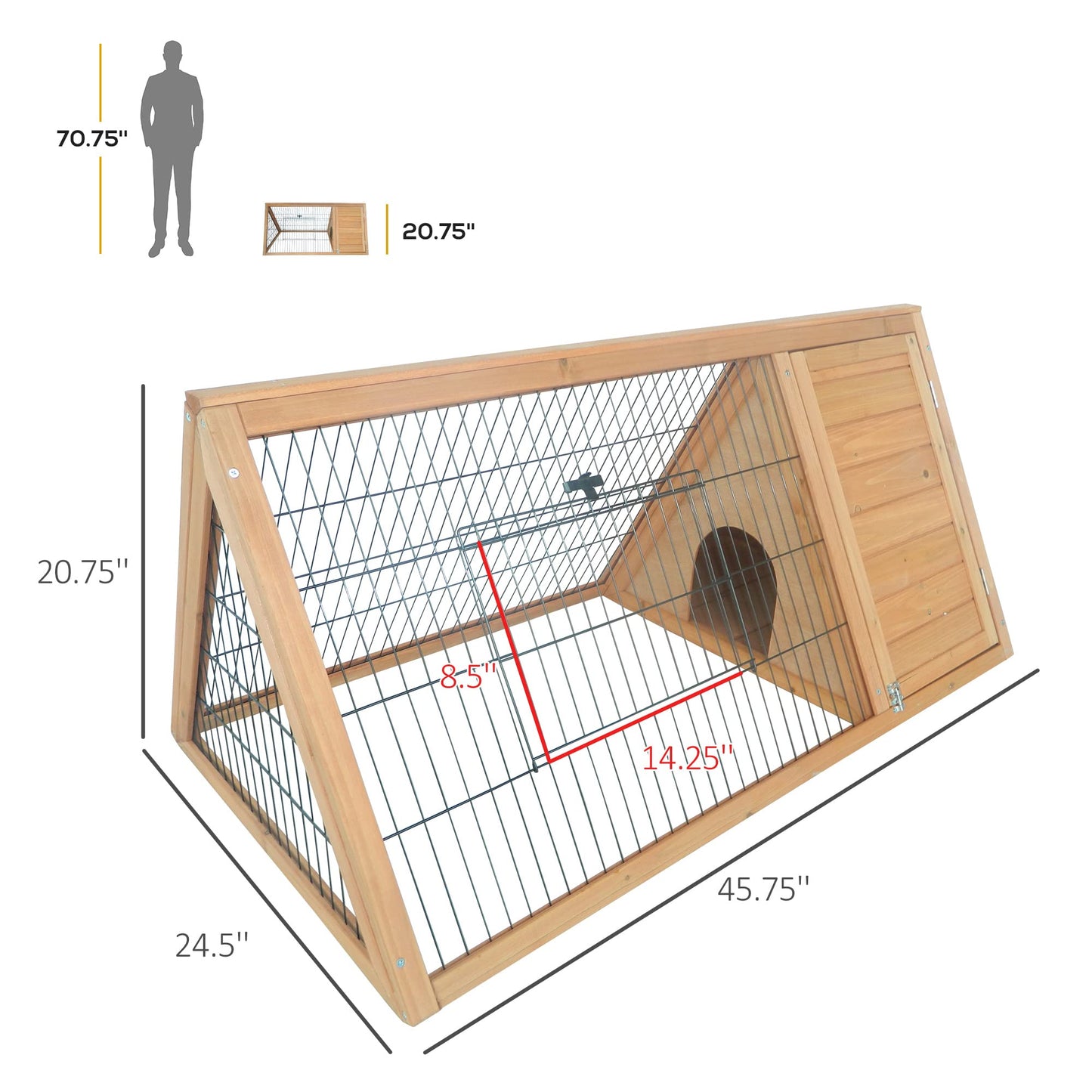 PawHut 46" x 24" Wooden A-Frame Outdoor Rabbit Hutch, Small Animal Cage, Bunny Hutch with Outside Run & Ventilating Wire, Yellow