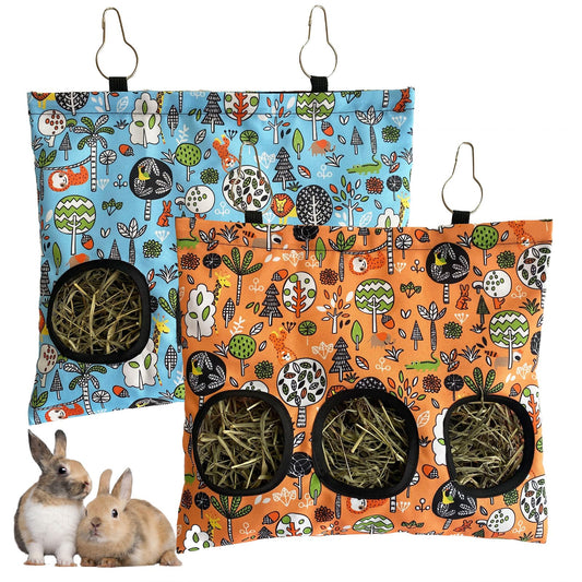 RMNHPTK Rabbit Hay Feeder Bag, Guinea Pig Hay Feeder for Cage Small Animal Hanging Feeding Bags Rabbit Hay Dispenser Storage for Rabbits Guinea Pigs Bunnies Chinchillas (Orange,Light Blue, 3 Hole)